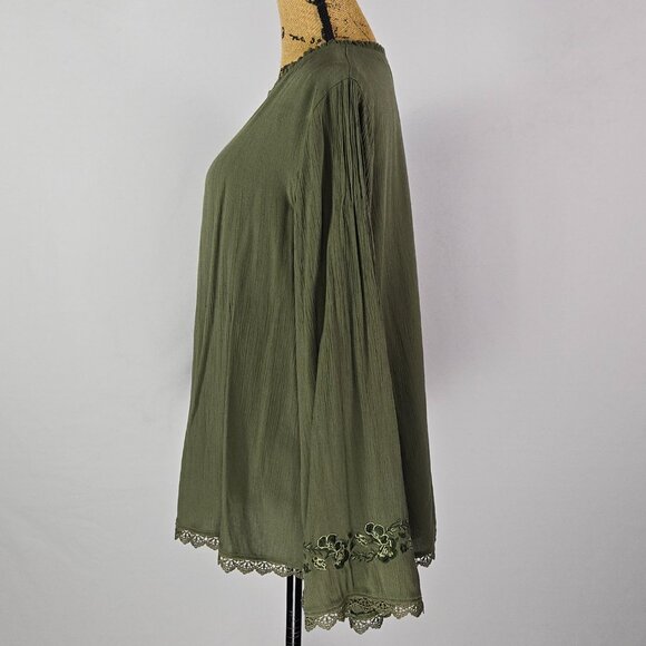 Olive Green Lace Trim Embroidered Blouse Time and Tru L Boho Festival - Picture 2 of 13